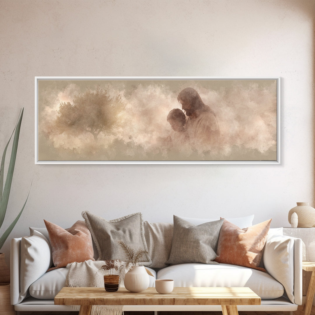 Hearts At Rest, Framed Canvas Print, Christian Art Canvas, Jesus Painting, Panoramic Frame, Large Christian Art, Christian Wall Art