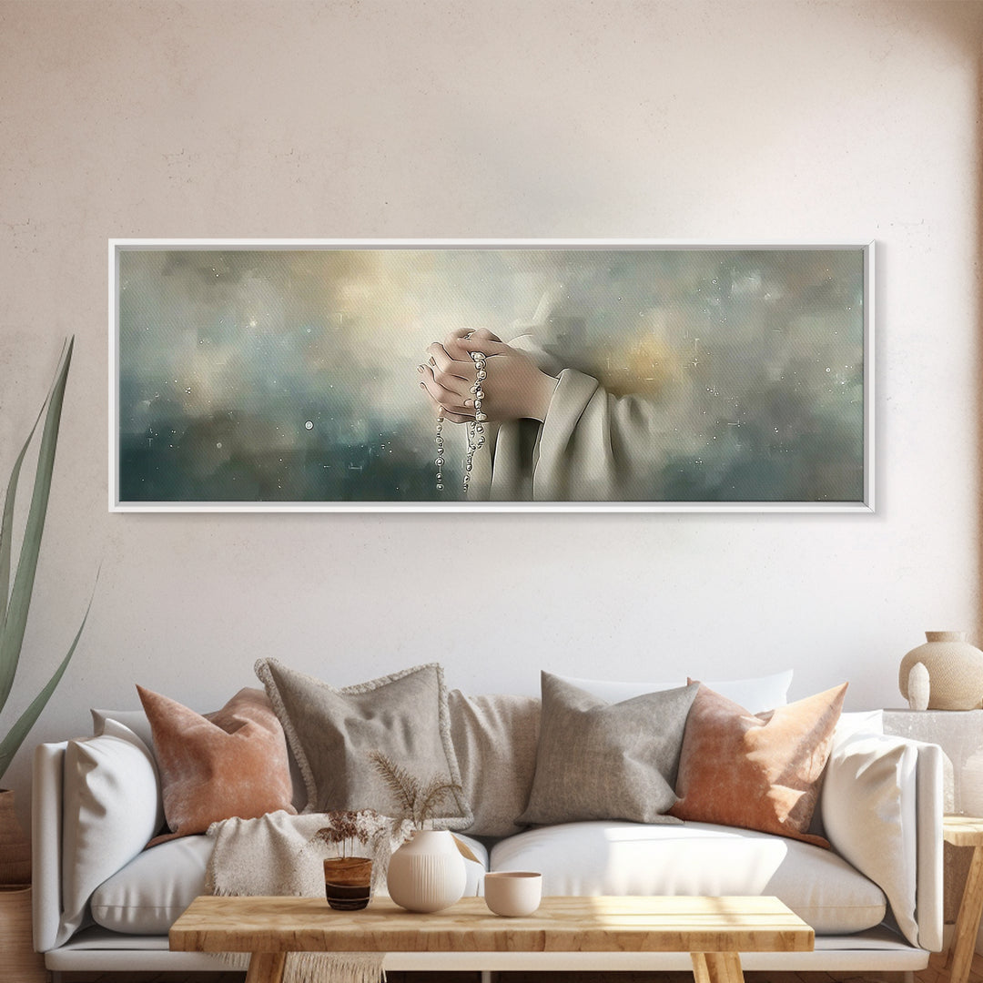 Heavenly Rosary Peace, Framed Canvas Print, Christian Wall Art, Christian Art Canvas, Panoramic Painting, Jesus Painting, Christmas Art