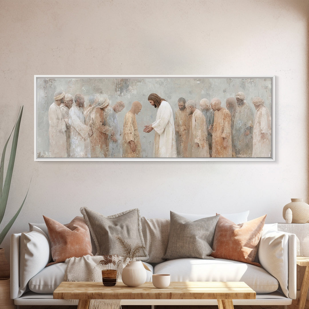 Healing At Dawn, Framed Canvas Print, Christian Art Canvas, Christian Wall Art, Panoramic Frame, Jesus Painting, Christian Art Print