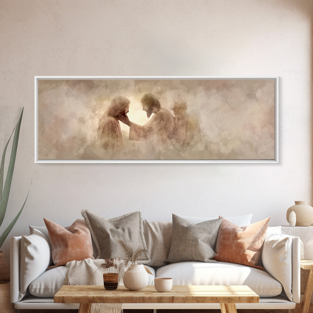 Tender Restoration | Framed Canvas Print | Christian Art Canvas | Large Jesus Painting | Panoramic Painting | Christian Wall Art | Christia
