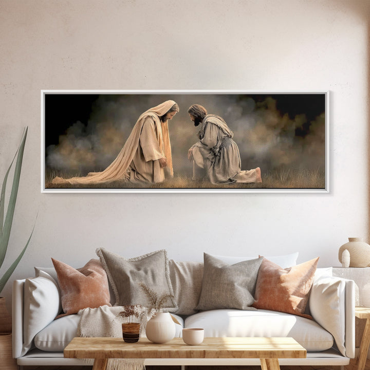 Silent Devotion – Framed Canvas Print – Christian Paintings – Jesus Art Print – Panoramic Wall Art – Modern Christian Art – Christian Home
