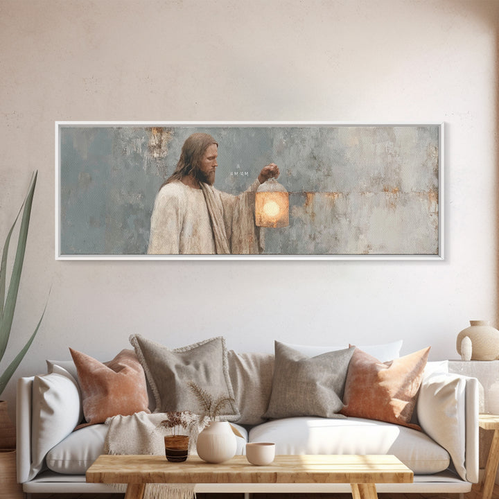 Guiding Lantern Light – Framed Canvas Print – Panoramic Art – Christian Wall Art – Jesus Painting – Christian Art Canvas – Christian Decor
