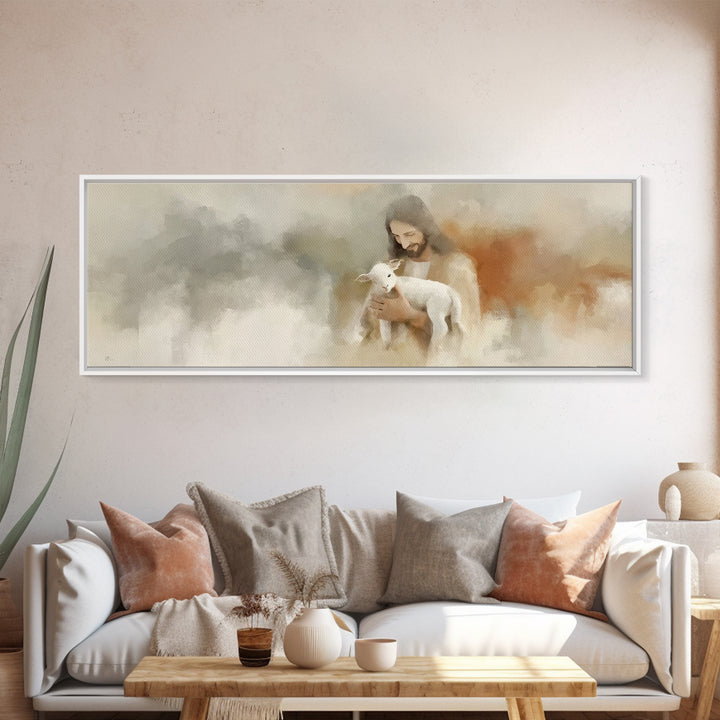 Lamb Of Comfort | Framed Canvas Print | Panoramic Painting | Christian Art Canvas | Jesus Painting | Christian Wall Art | Christian Gift