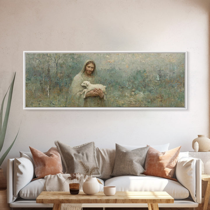 Pasture Of Peace, Framed Canvas Print, Panoramic Art, Christian Wall Art, Jesus Art Canvas, Christian Painting, Christian Decor