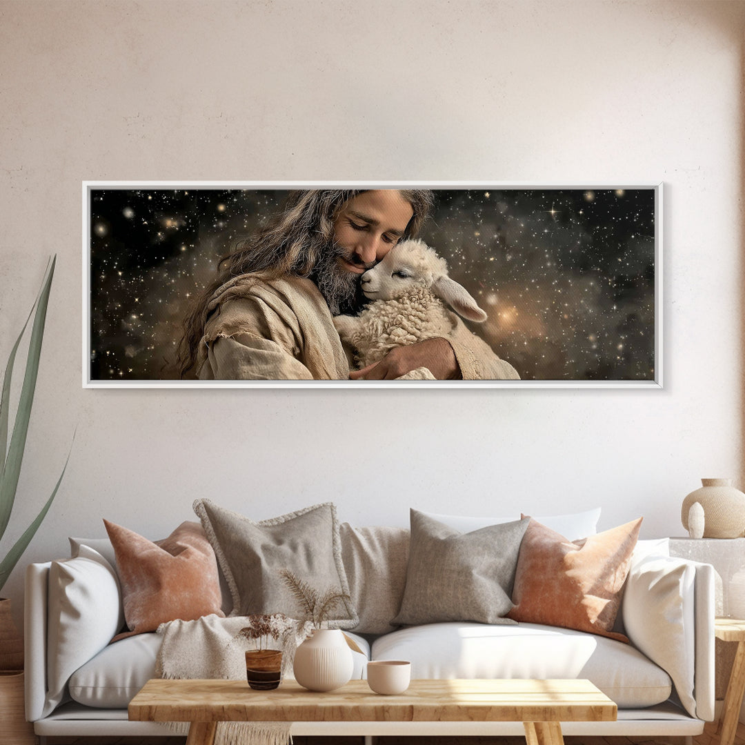 Heavenly Shepherd | Framed Canvas Print | Panoramic Art | Jesus Painting | Christian Art Canvas | Christian Wall Art | Christian Christmas