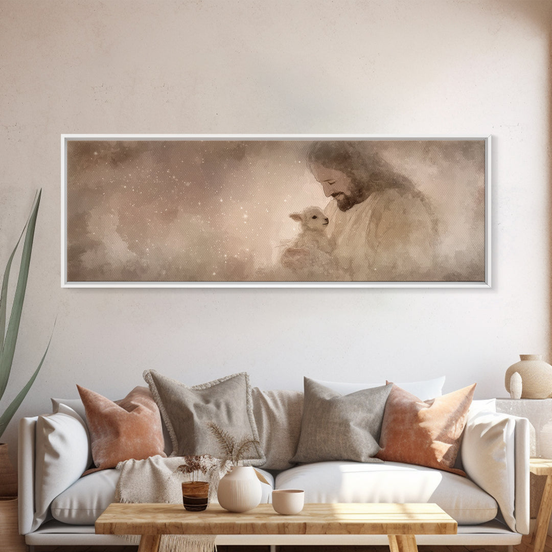 Blessed Night Lamb | Framed Canvas Print | Panoramic Art | Christian Art Print | Jesus Painting Canvas | Christian Wall Art | Christian Dec