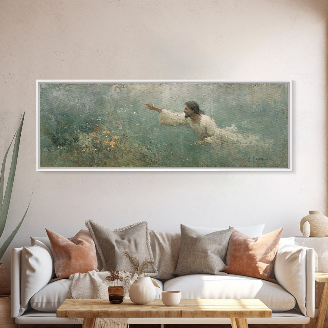 Redeeming Reach, Framed Canvas Print, Jesus Painting, Panoramic Wall Art, Christian Art Canvas, Christian Wall Art, Christian Gift Ideas