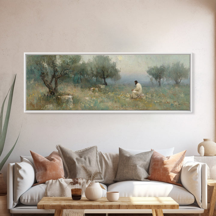 Olive Grove Light – Framed Canvas Print – Jesus Painting – Panoramic Print – Christian Art Canvas – Christian Wall Art – Moody Christian Ar