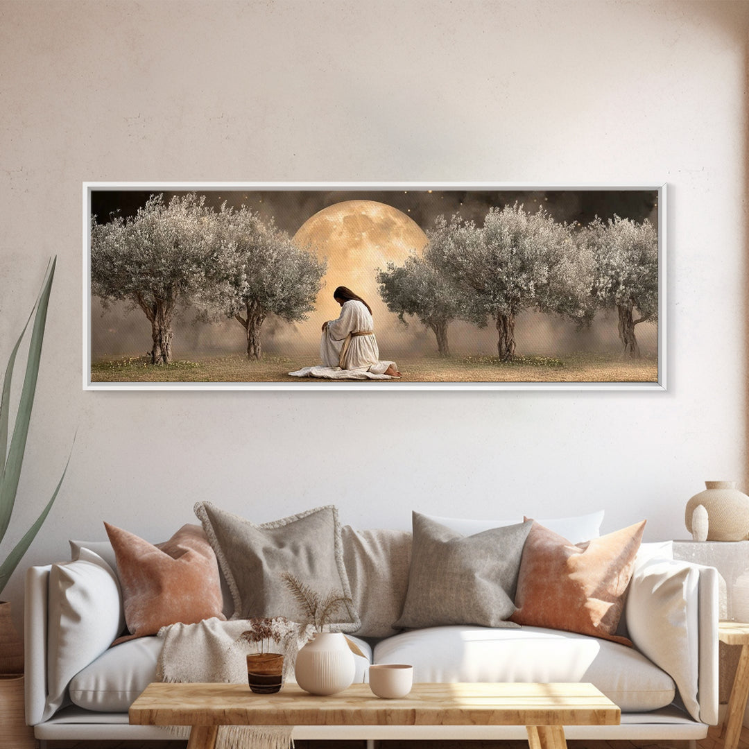Garden Of Prayer, Framed Canvas Print, Christian Art, Jesus Painting, Panoramic Art, Christian Decor, Christian Gift, Large Christian Art,