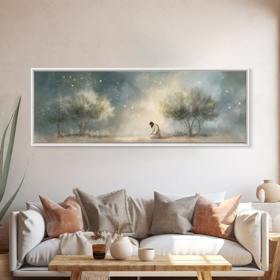 Night Of Devotion – Framed Canvas Print – Christian Art – Jesus Painting – Panoramic Art – Christian Decor – Christian Gift – Large Christi