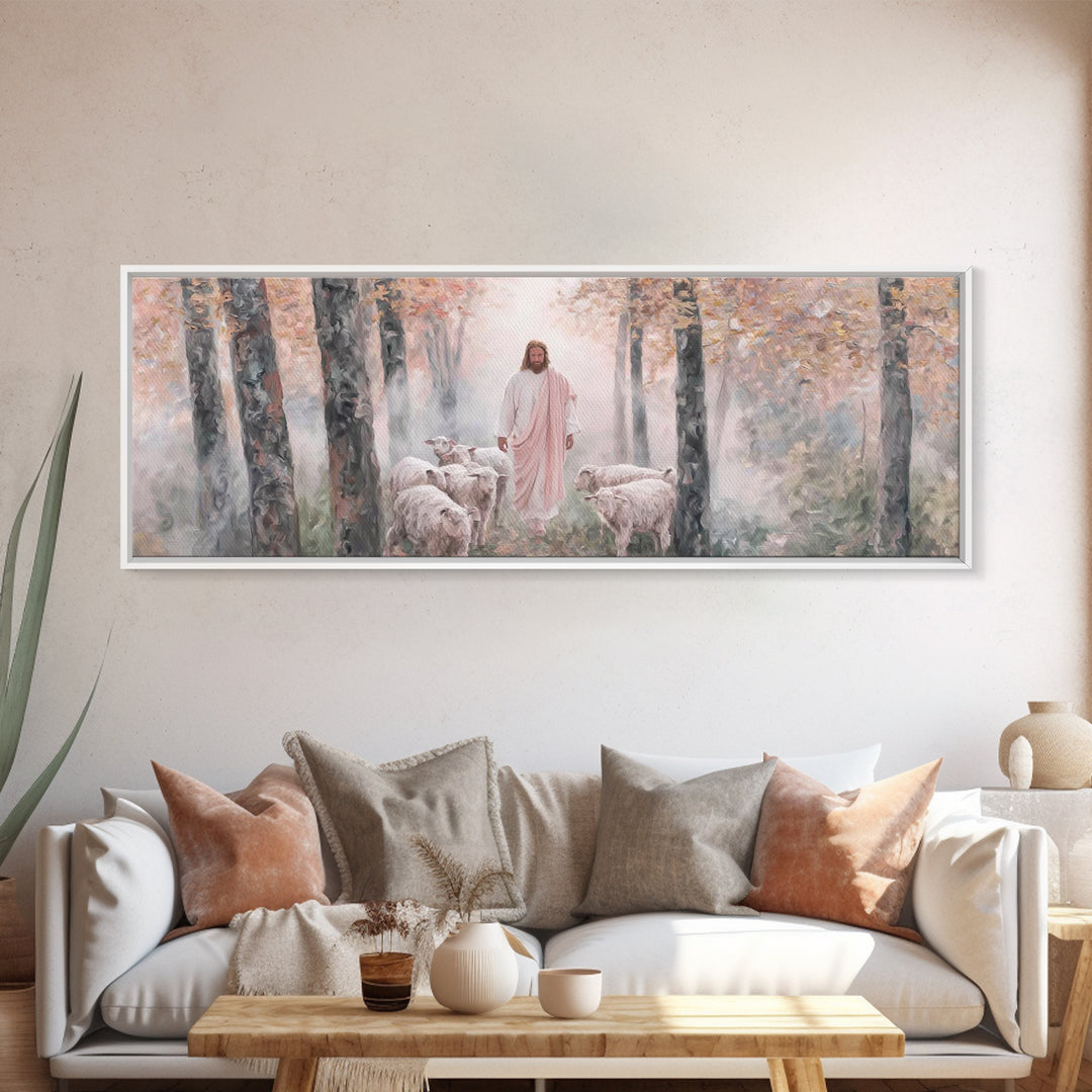 Mist Of The Flock, Framed Canvas Print, Christian Art, Jesus Painting, Panoramic Art, Christian Decor, Christian Gift, Large Christian Art,