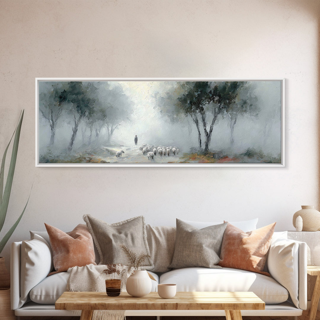 Morning Shepherd Calm – Framed Canvas Print – Panoramic Print – Christian Art Work – Christian Christmas Art – Jesus Painting – Christian D