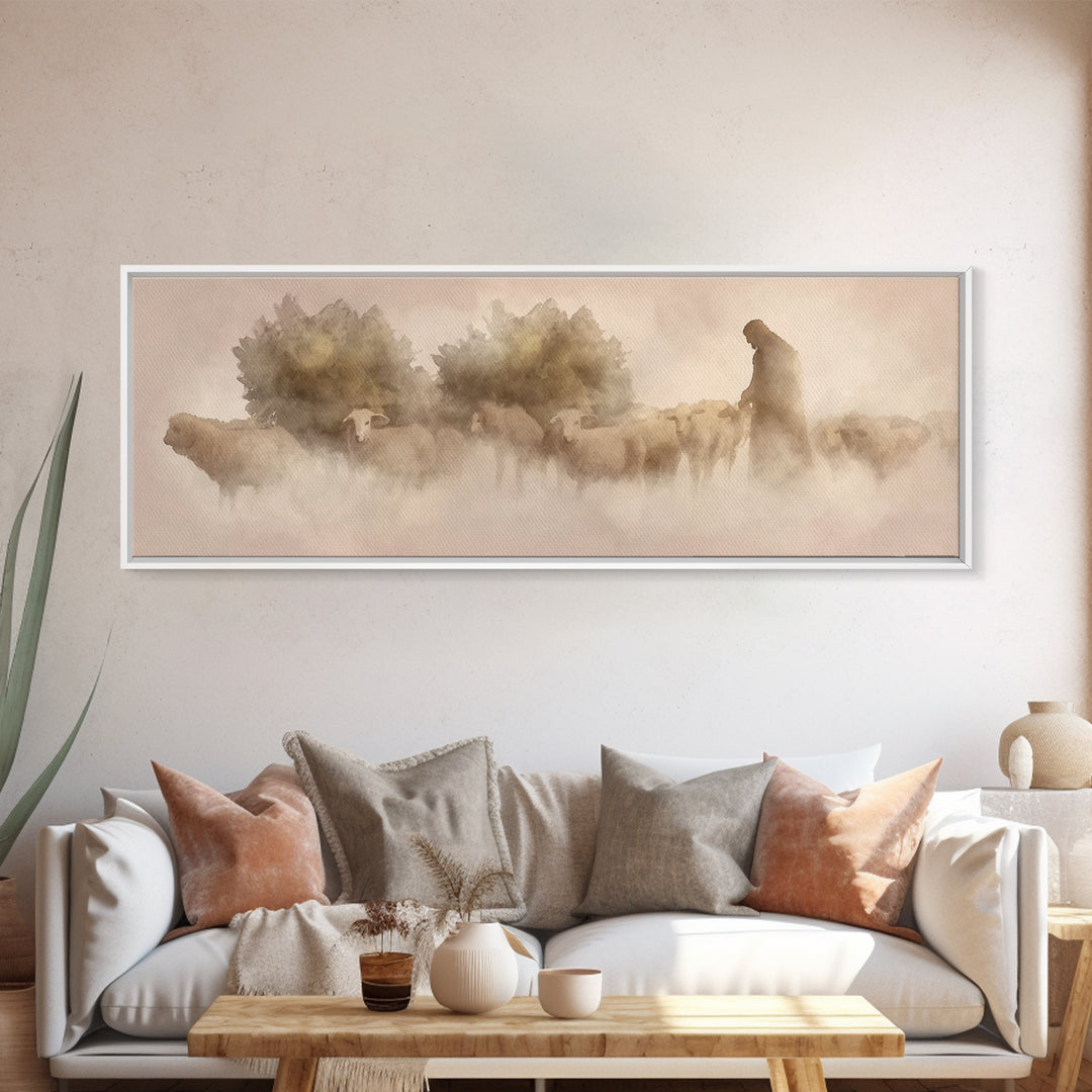 Shepherd Of Dawn | Framed Canvas Print | Panoramic Frame | Christian Art Canvas | Jesus Wall Art | Christmas Art | Christian Gift Ideas
