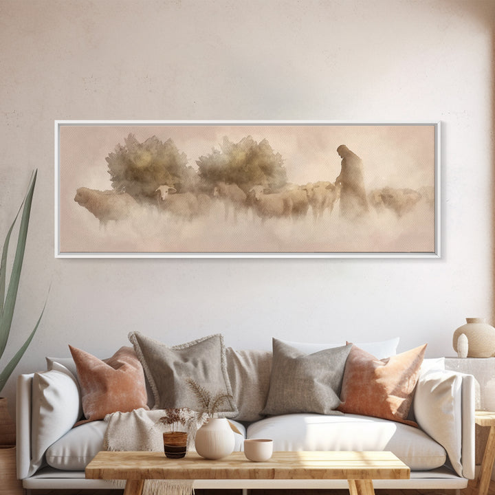 Shepherd Of Dawn | Framed Canvas Print | Panoramic Frame | Christian Art Canvas | Jesus Wall Art | Christmas Art | Christian Gift Ideas