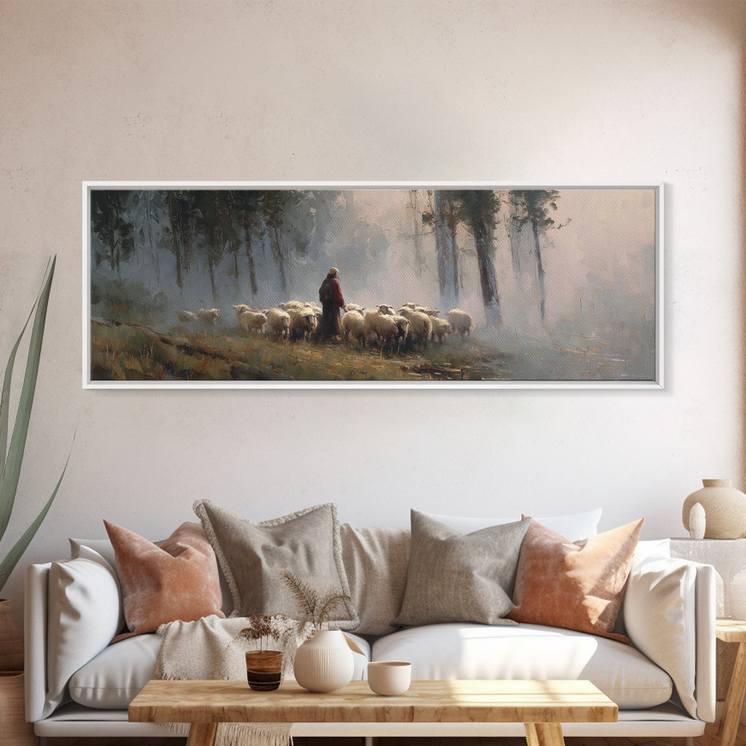 Forest Flock Grace – Framed Canvas Print – Panoramic Painting – Christian Art Gift – Jesus Canvas Art – Christmas Art Work – Christian Wall