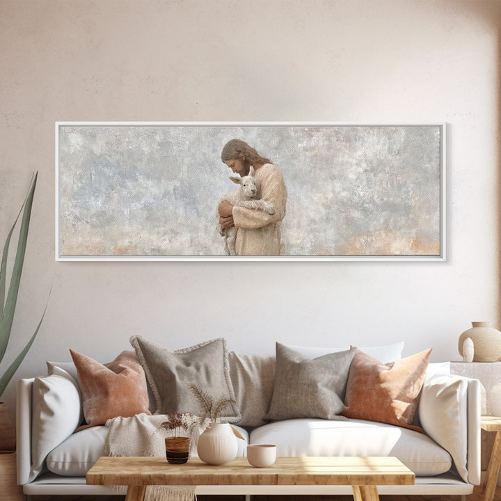 Lamb Of Comfort – Framed Canvas Print – Panoramic Wall Art – Jesus Christmas Art – Christian Art Print – Christmas Canvas Wall Art – Christ
