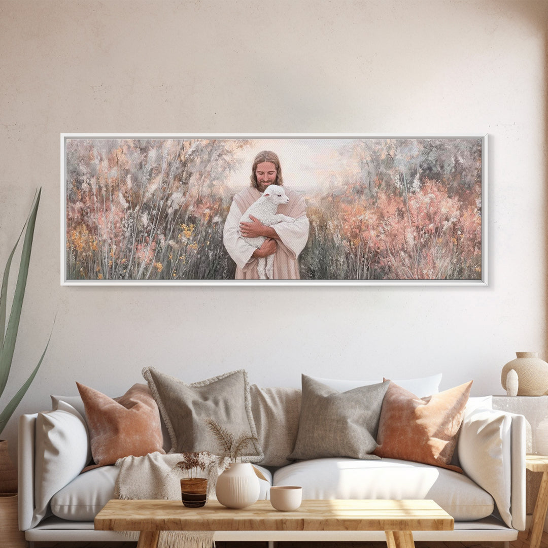 Compassionate Shepherd, Framed Canvas Print, Panoramic Print, Jesus Canvas Art, Christian Wall Art, Christmas Art Prints, Modern Christian
