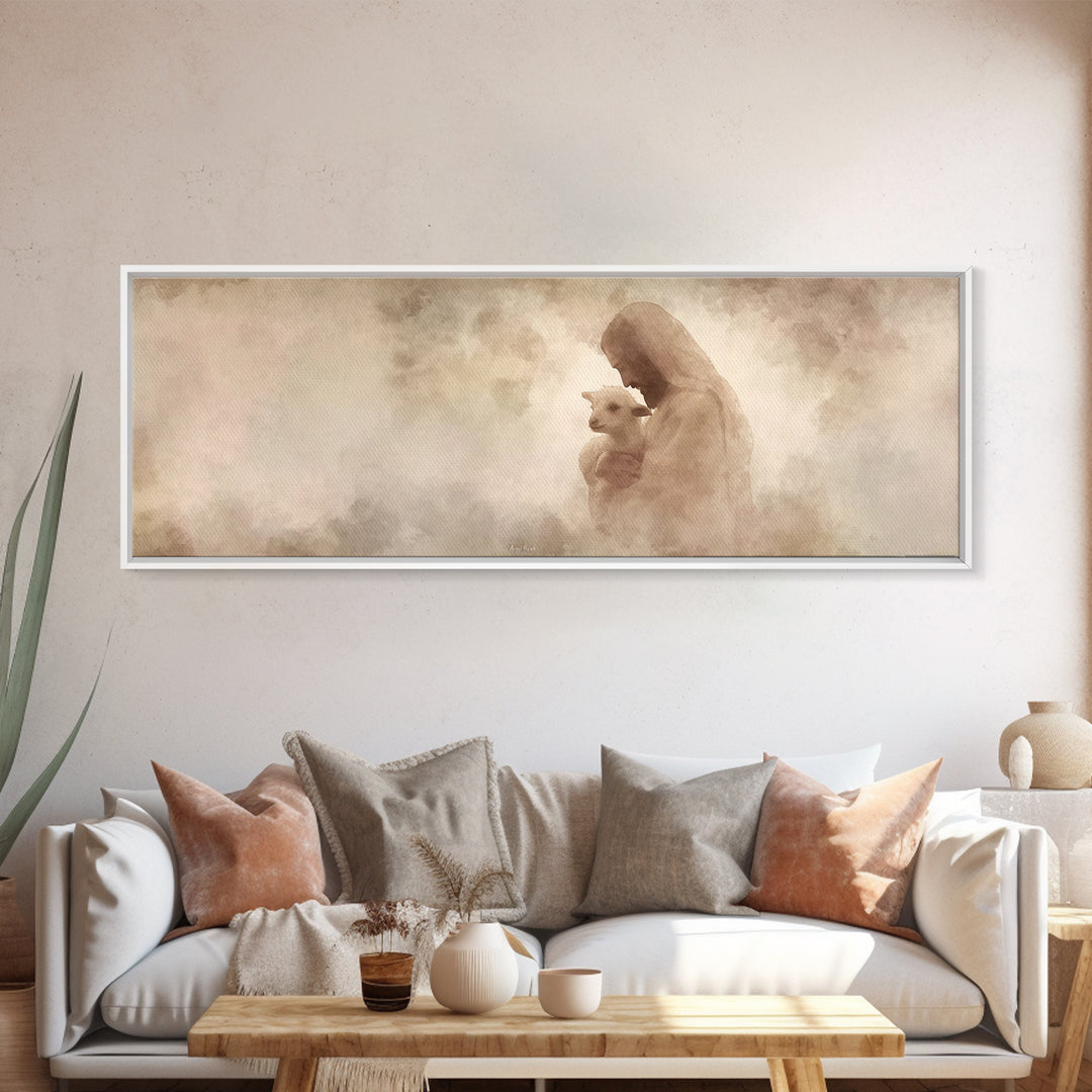 Tender Shepherd Love | Framed Canvas Print | Panoramic Wall Art | Jesus Painting | Christian Art Print | Christian Christmas Art | Modern C