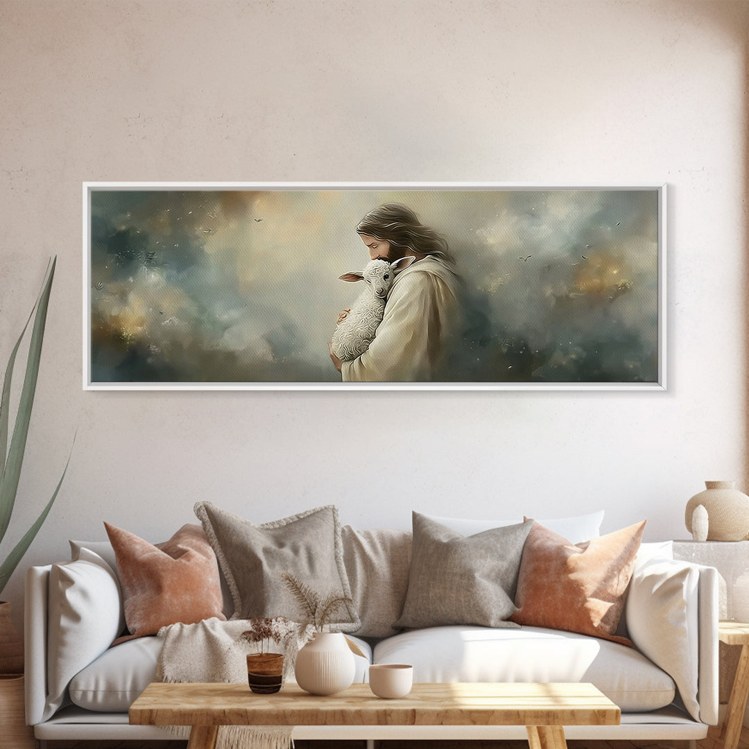 Heaven’s Gentle Care, Framed Canvas Print, Panoramic Painting, Jesus Canvas Art, Christian Wall Art, Christmas Art Prints, Subtle Christian