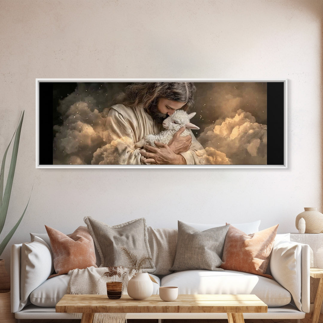 Sacred Lamb Embrace – Framed Canvas Print – Panoramic Frame – Christian Art Canvas – Jesus Wall Art – Christmas Art Work – Christian Gift I