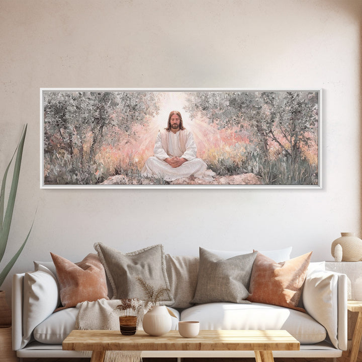 Garden Of Holy Rest, Framed Canvas Print, Panoramic Print, Christian Art Work, Jesus Canvas Art, Christian Wall Art, Christmas Art Framed