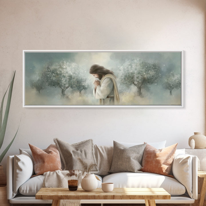 Olive Grove Prayer – Framed Canvas Print – Panoramic Painting – Christian Art Canvas – Jesus Painting – Christmas Wall Art – Subtle Christi