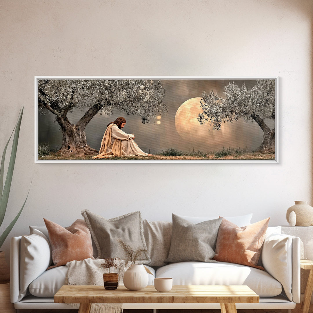 Moonlit Garden Prayer, Framed Canvas Print, Panoramic Painting, Jesus Painting Canvas, Christian Art Canvas, Christian Wall Art, Christmas