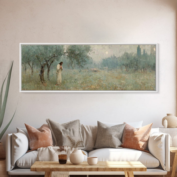 Olive Grove Prayer, Framed Canvas Print, Panoramic Wall Art, Christian Art Canvas, Jesus Painting, Christian Wall Art, Christian Christmas