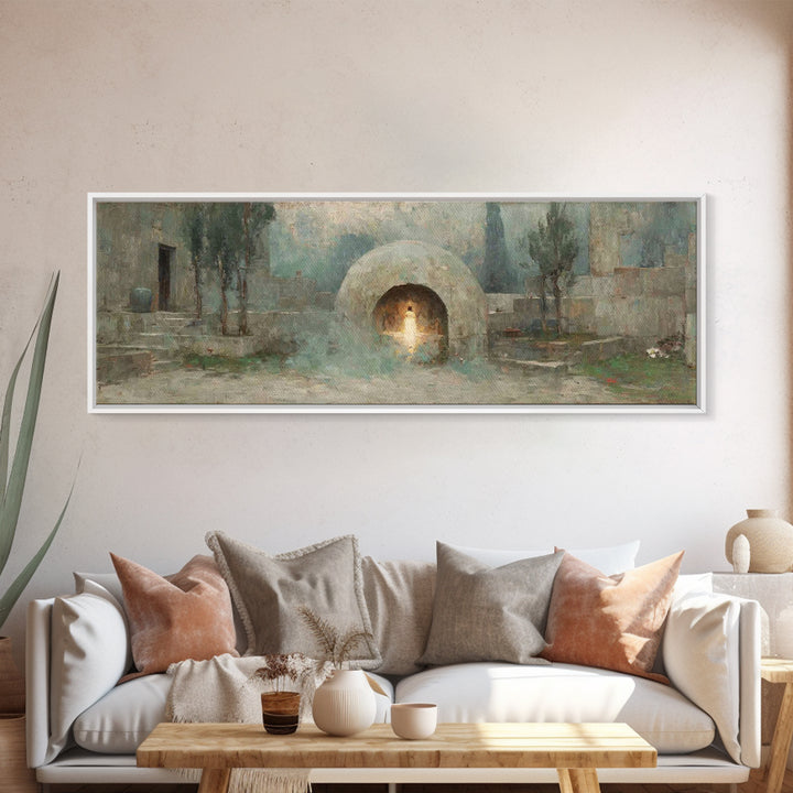 Silent Tombstone Glow, Framed Canvas Print, Panoramic Frame, Christian Art Canvas, Christian Painting, Jesus Wall Art, Christian Christmas
