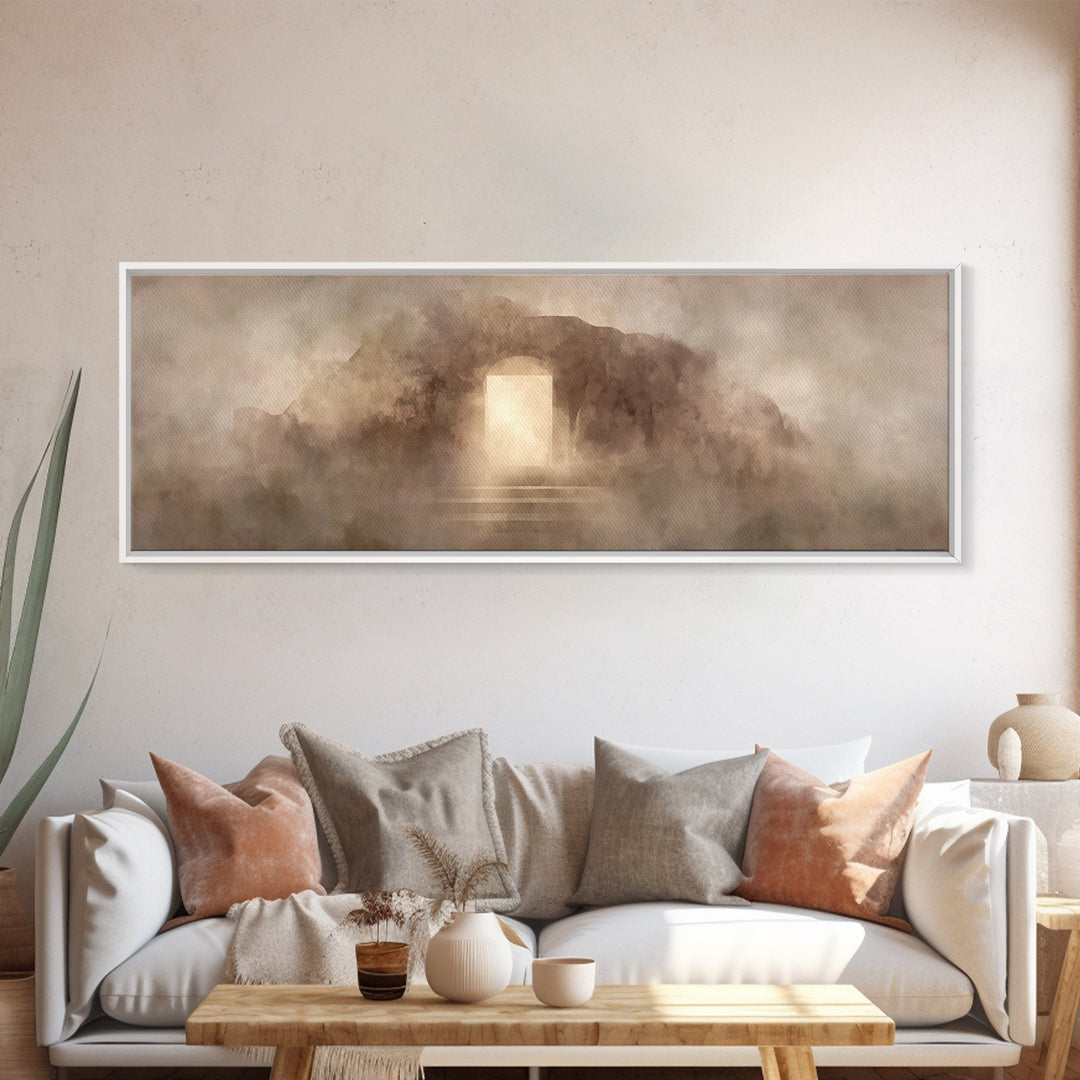 Resurrection Stone Gate | Framed Canvas Print | Panoramic Art | Christian Art Canvas | Christian Painting | Jesus Painting | Christmas Art