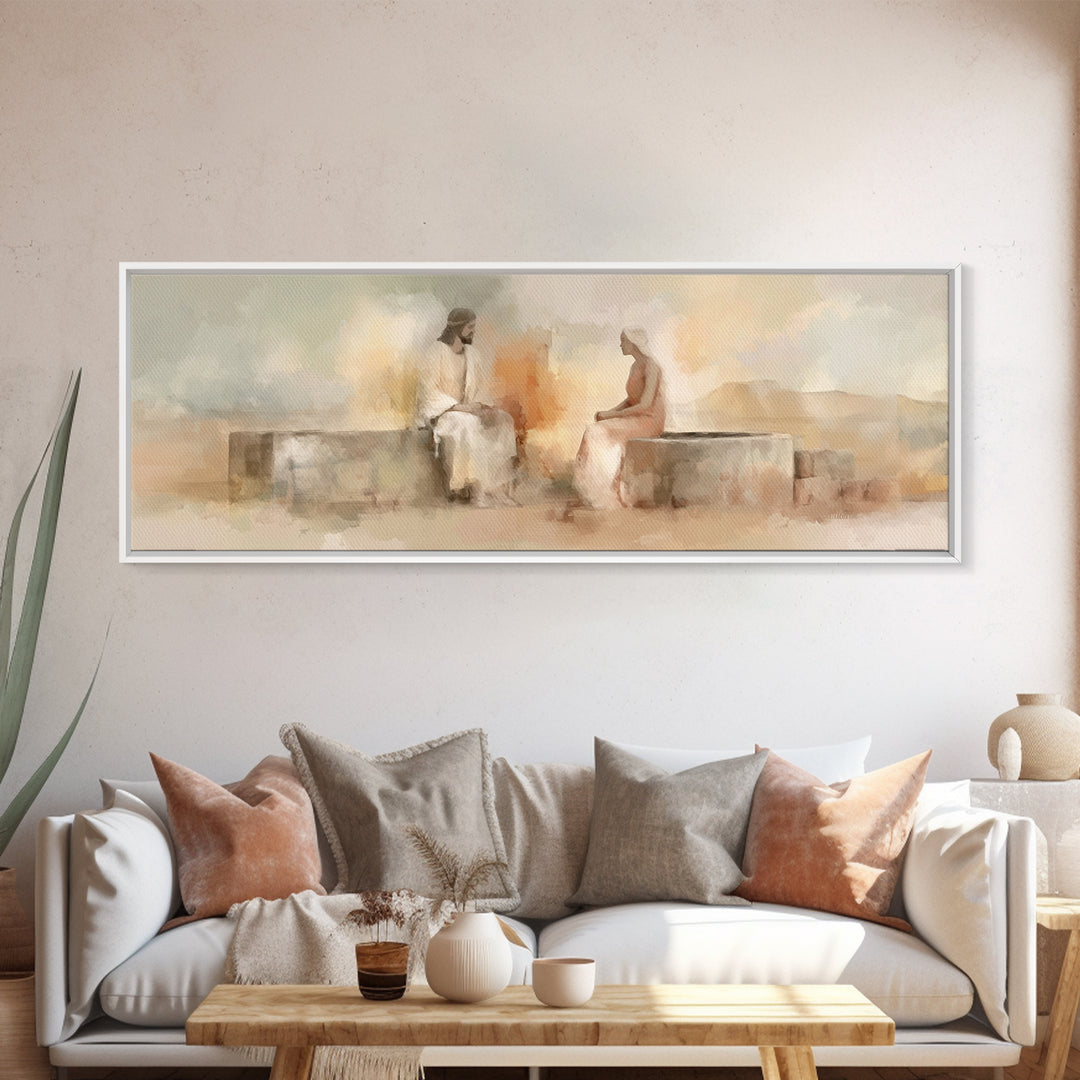 Living Water Meeting | Framed Canvas Print | Panoramic Wall Art | Christian Art Canvas | Christian Painting | Jesus Art Print | Christian D