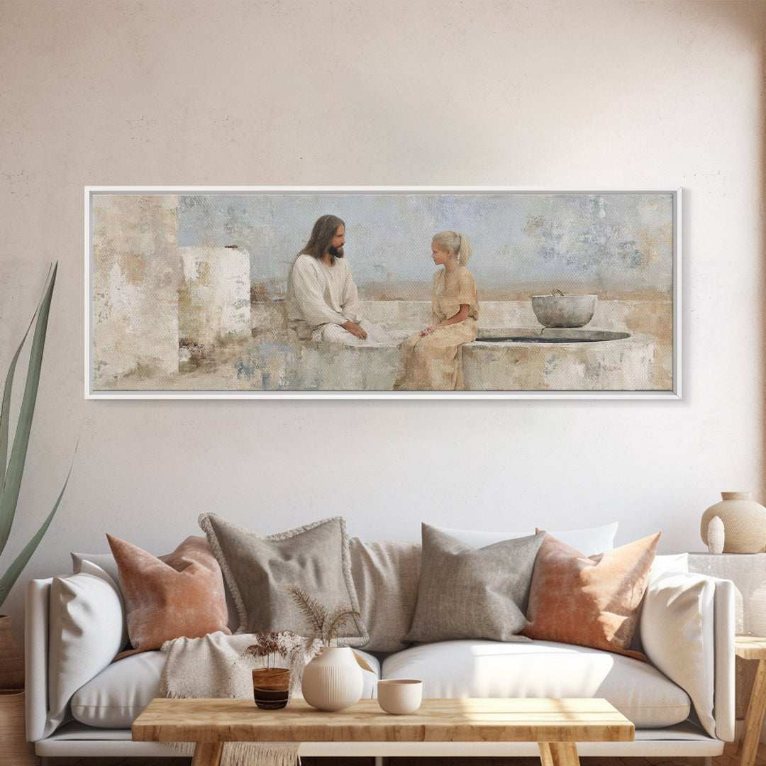 Quiet Well Encounter | Framed Canvas Print | Christian Art Canvas | Jesus Painting | Panoramic Painting | Christian Wall Art | Christian Gi