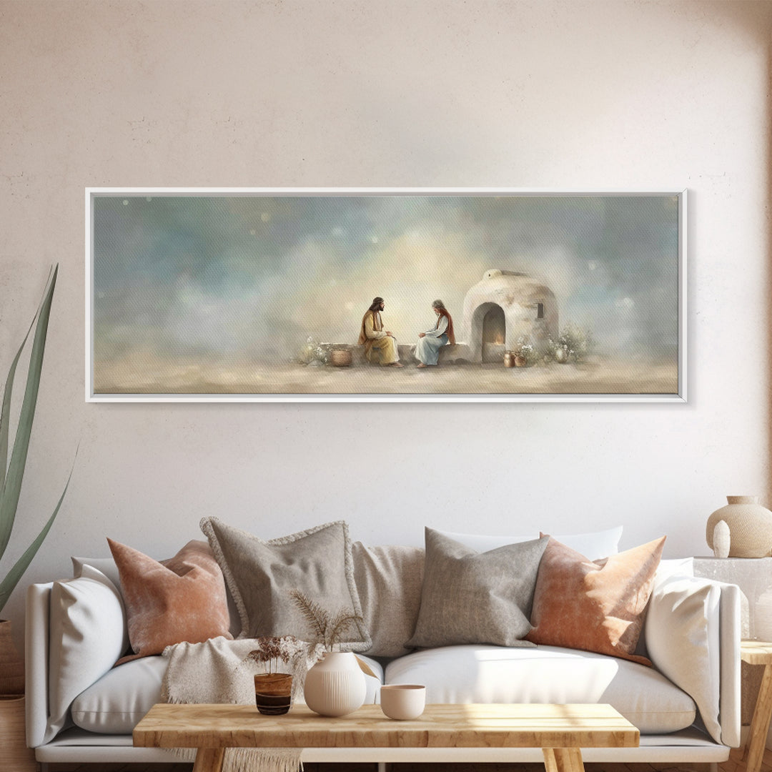 Morning At The Well, Framed Canvas Print, Christian Wall Art, Panoramic Art, Jesus Painting, Christian Decor, Christian Art Print