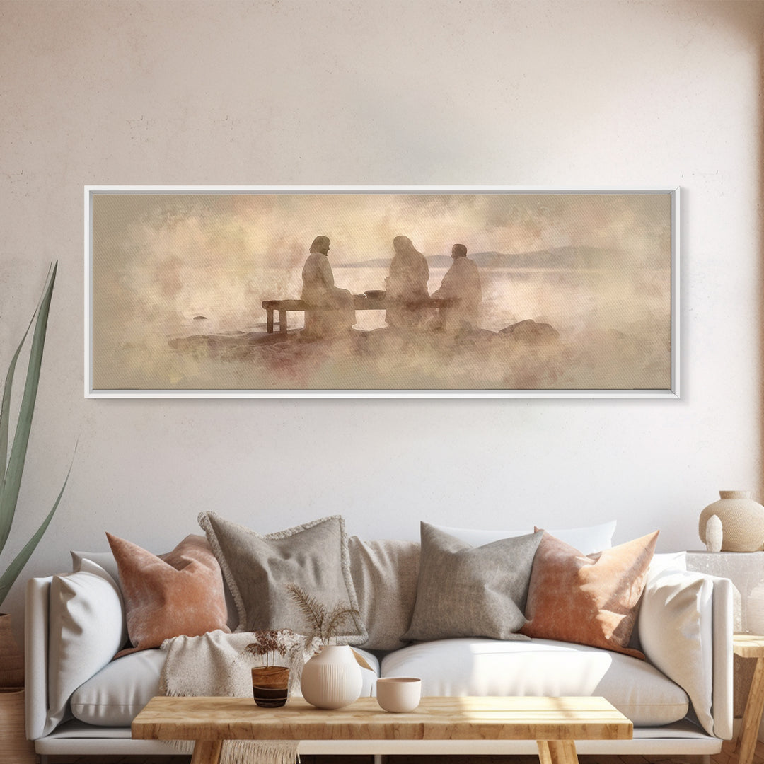 Shoreline Communion, Framed Canvas Print, Christian Wall Art, Christian Art Canvas, Panoramic Art, Jesus Painting, Christian Gift
