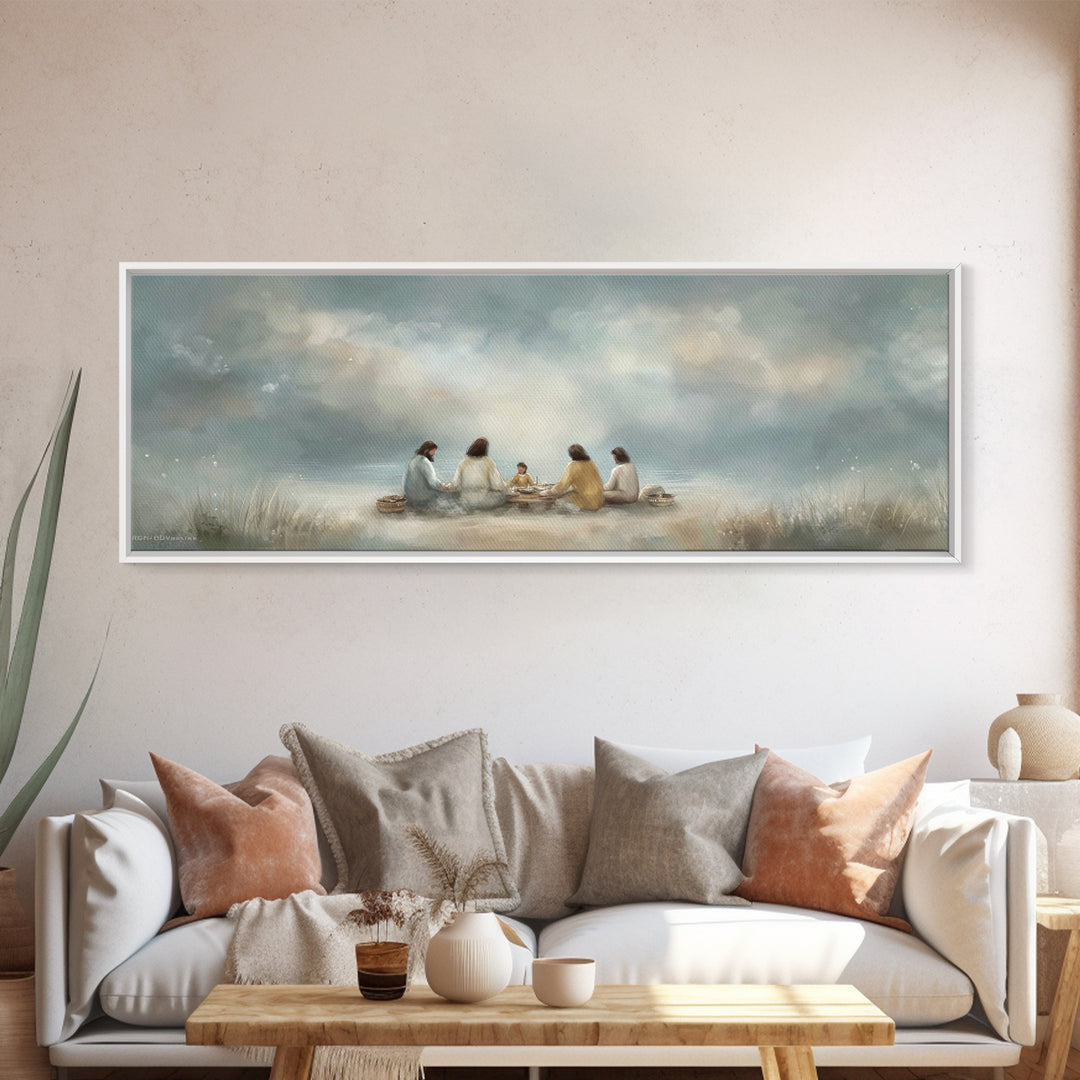Harbor Meal Blessing | Framed Canvas Print | Christian Wall Art | Jesus Painting | Christian Art Canvas | Panoramic Painting | Christian Gi