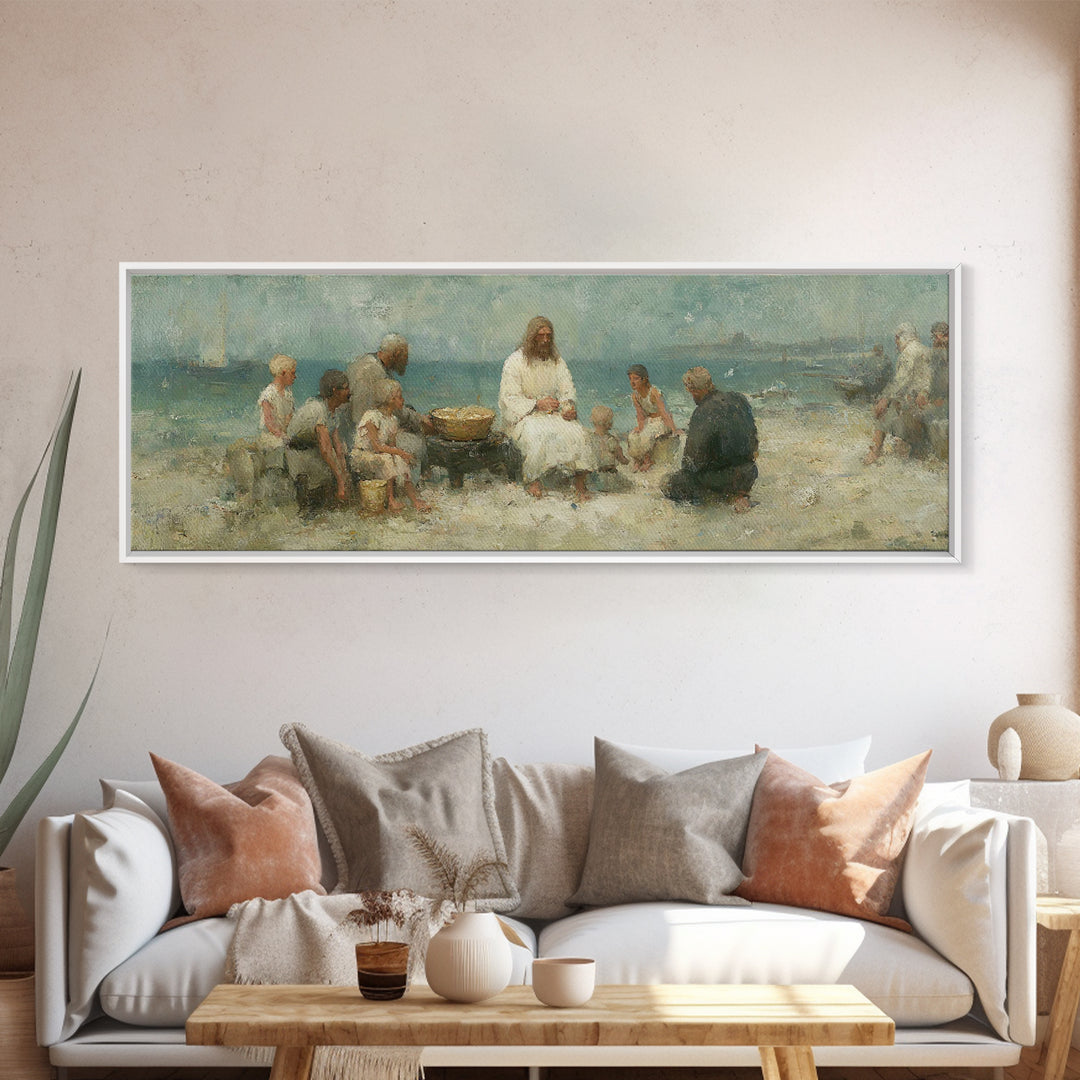 Lakeside Bread Sharing, Framed Canvas Print, Christian Art Canvas, Panoramic Wall Art, Christian Decor, Jesus Painting, Christian Wall Art