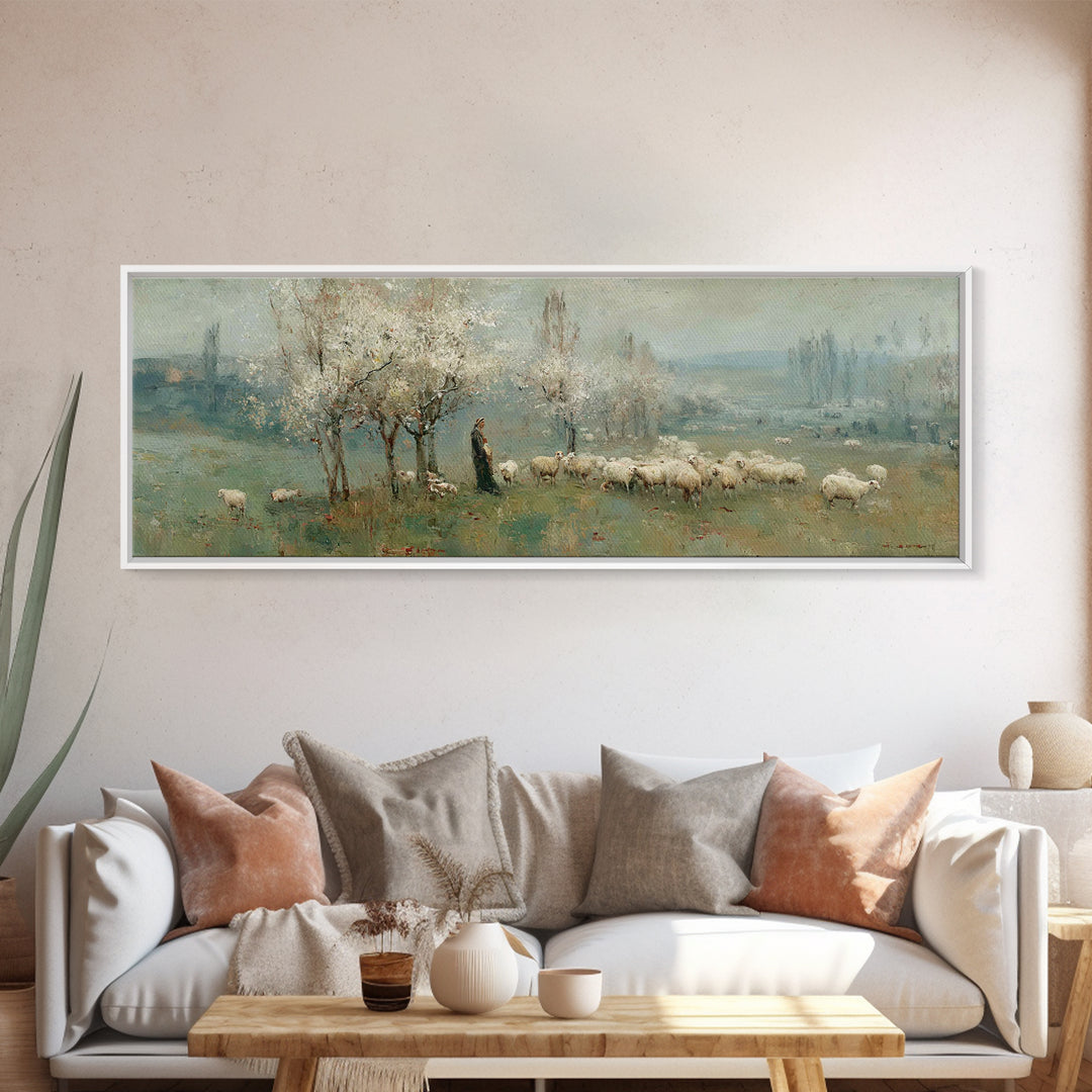 Spring Pasture Peace – Framed Canvas Print – Christian Wall Art – Panoramic Art – Christian Art Canvas – Jesus Painting – Christian Decor