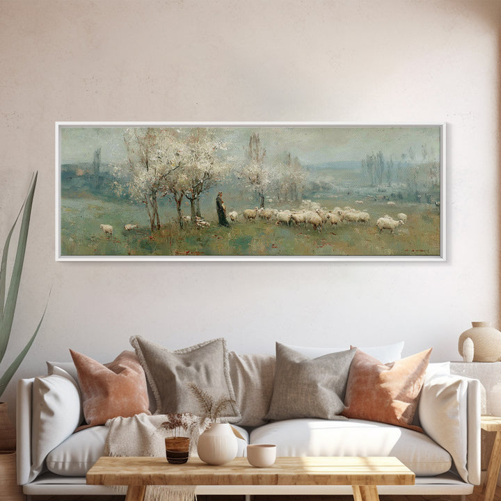 Spring Pasture Peace – Framed Canvas Print – Christian Wall Art – Panoramic Art – Christian Art Canvas – Jesus Painting – Christian Decor