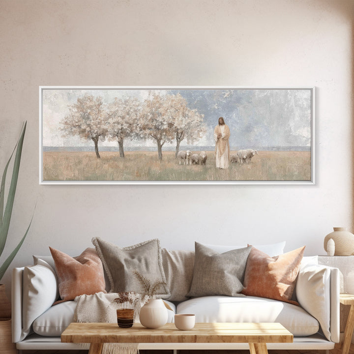 Gentle Meadow Guide | Framed Canvas Print | Christian Art Canvas | Panoramic Frame | Christian Wall Art | Jesus Painting | Christian Gift