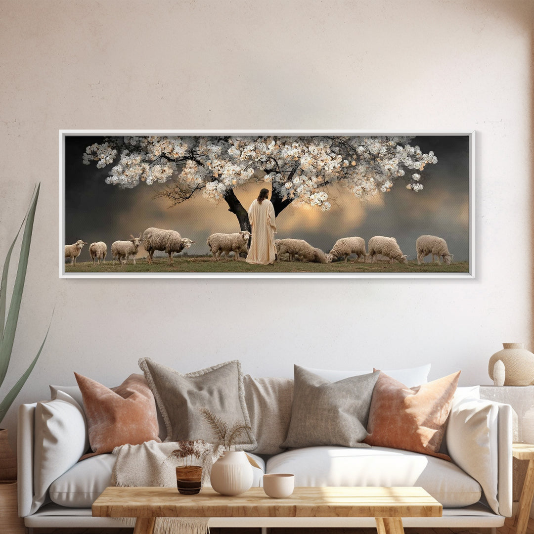 Under Blooming Grace, Framed Canvas Print, Christian Art Canvas, Panoramic Painting, Christian Wall Art, Jesus Painting, Christian Decor