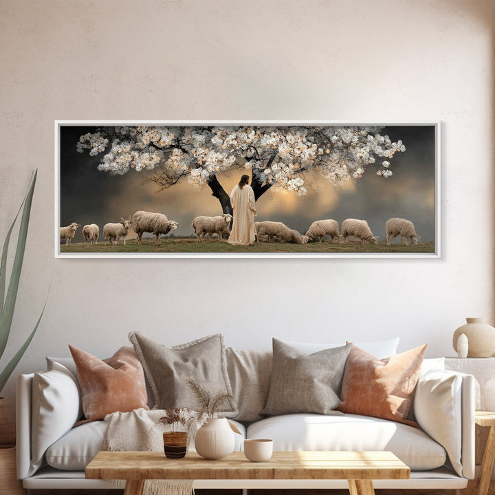 Under Blooming Grace, Framed Canvas Print, Christian Art Canvas, Panoramic Painting, Christian Wall Art, Jesus Painting, Christian Decor
