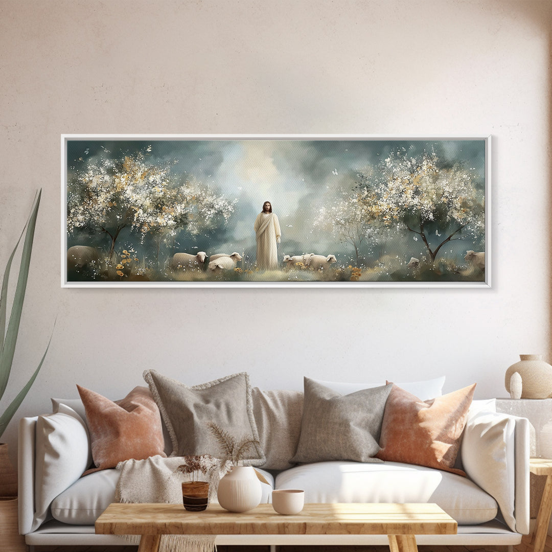 Heavenly Pasture Bloom – Framed Canvas Print – Panoramic Art – Christian Wall Art – Christian Art Canvas – Jesus Painting – Christian Gift