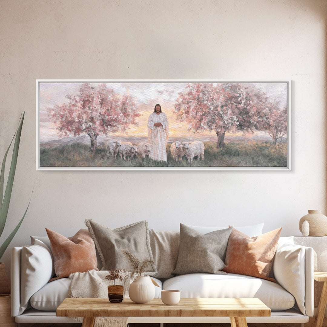 Sunrise Shepherd Calm | Framed Canvas Print | Panoramic Wall Art | Christian Art Canvas | Jesus Painting | Christian Art | Christian Gift