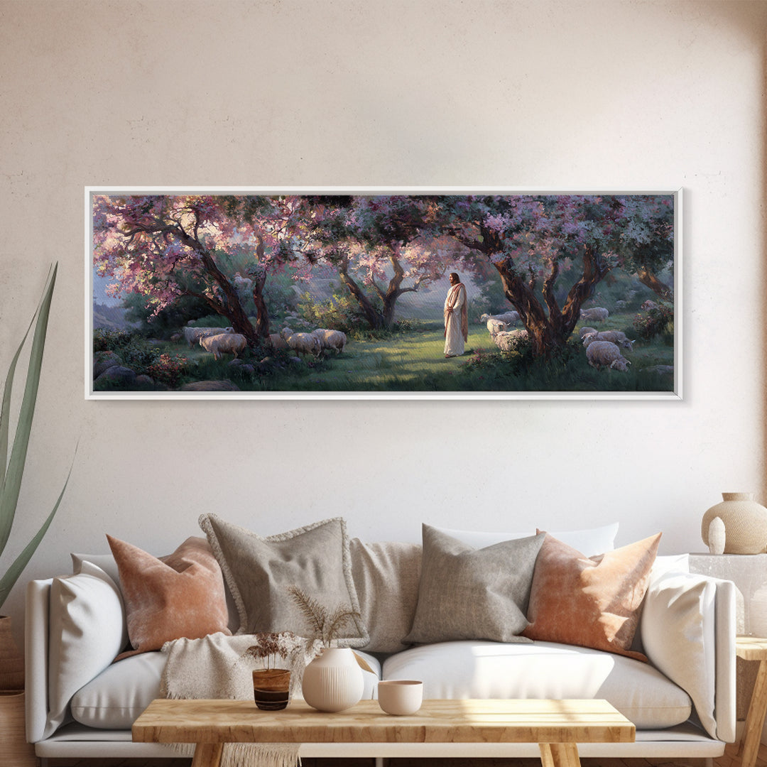 Garden Of The Shepherd, Framed Canvas Print, Panoramic Art, Christian Wall Art, Christian Art Canvas, Jesus Painting, Christian Gift