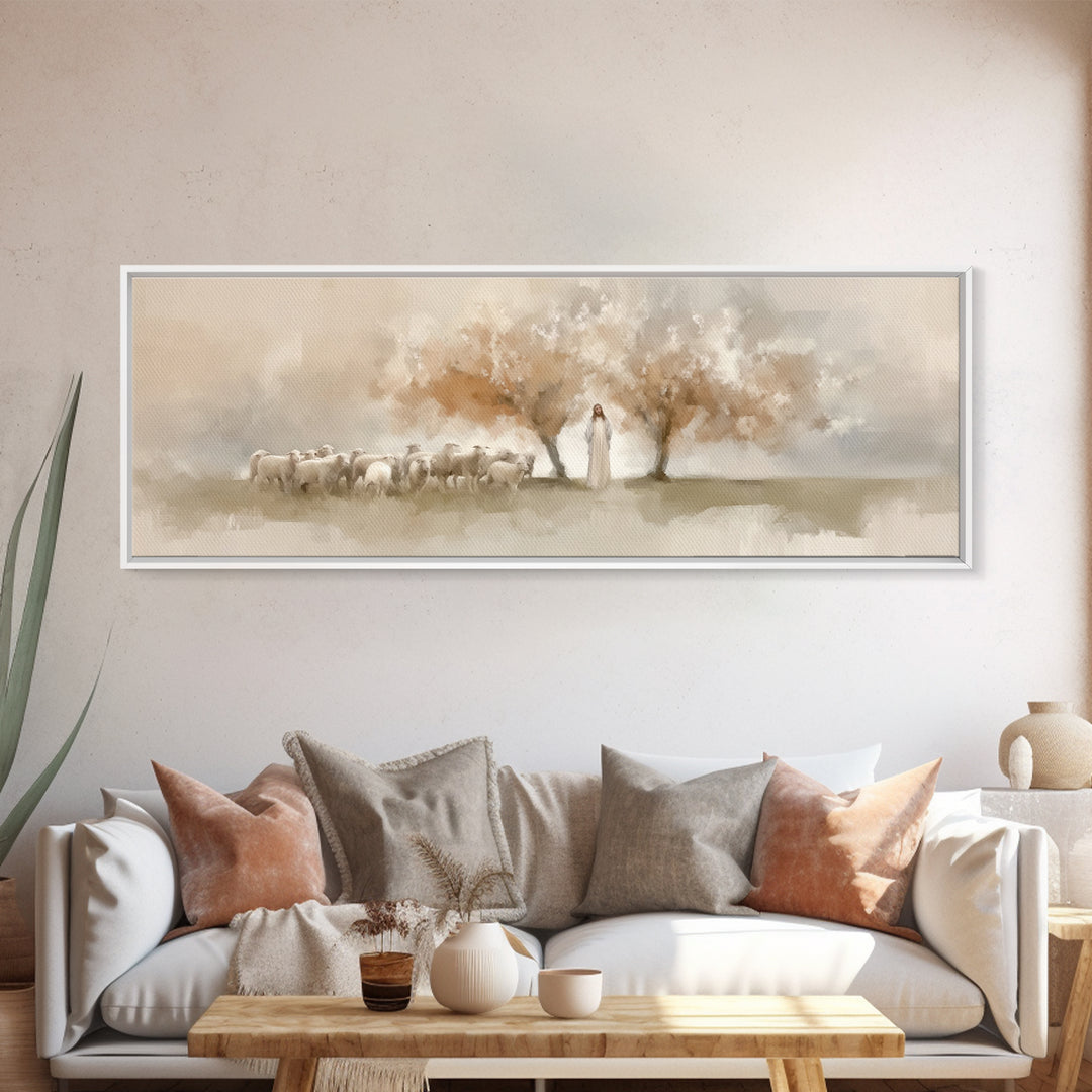 The Shepherd’s Calm – Framed Canvas Print – Christian Wall Art – Jesus Painting – Panoramic Art – Christian Art Canvas – Christian Christma
