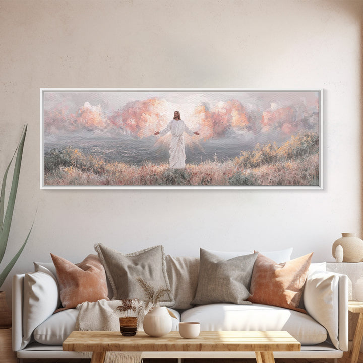 Radiant Dawn Blessing, Framed Canvas Print, Christian Wall Art, Jesus Painting, Panoramic Wall Art, Christian Art Canvas, Christmas Art Pri