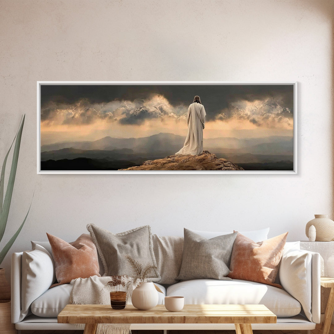 Stormlight Messiah - Framed Canvas Print - Christian Wall Art - Jesus Painting - Panoramic Frame - Christian Art Canvas - Christmas Art Fra