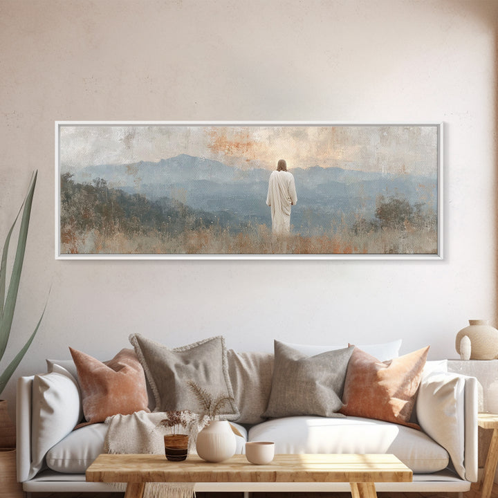 Quiet Mountain Mercy, Framed Canvas Print, Christian Wall Art, Jesus Painting, Panoramic Art, Christian Art Canvas, Christian Christmas Art