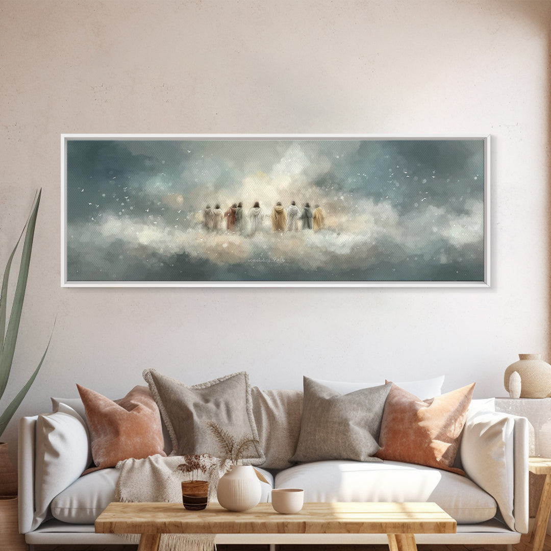 Heavenly Gathering, Framed Canvas Print, Christian Wall Art, Panoramic Print, Christian Art Canvas, Jesus Painting, Christian Christmas Art
