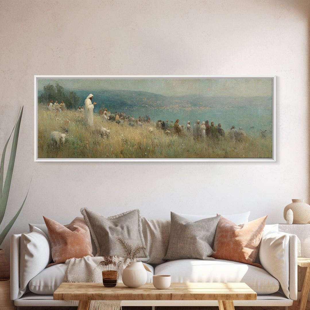 Hillside Blessing, Framed Canvas Print, Christian Wall Art, Panoramic Wall Art, Christian Art Canvas, Jesus Painting, Large Christian Paint
